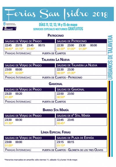 Horarios servicios nocturnos especiales Ferias de San Isidro 2018